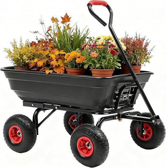 600lbs Garden Dump Cart, 4 Cu.Ft Heavy Duty Wagon Cart with 10" All Terrain Wheels, Steel Frame & Quick Release, Utility Wagon Carts for Yard, Farm and Garden(Black)