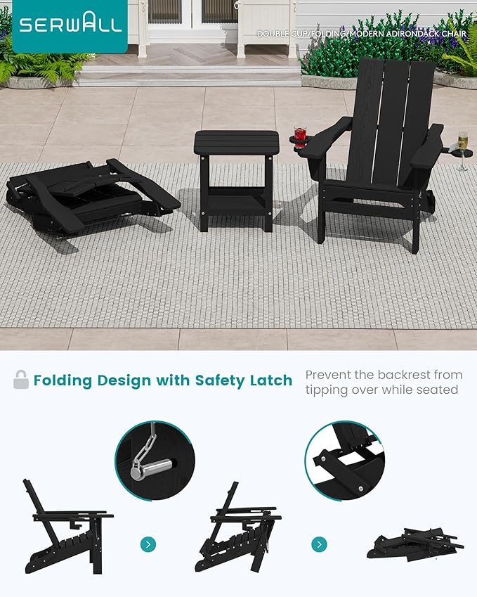 SERWALL Adirondack Chair Set of 6 with Dual Cup Holders, Folding Modern Adirondack Chairs, HDPE Outdoor Adirondack Chair for Patio, Black