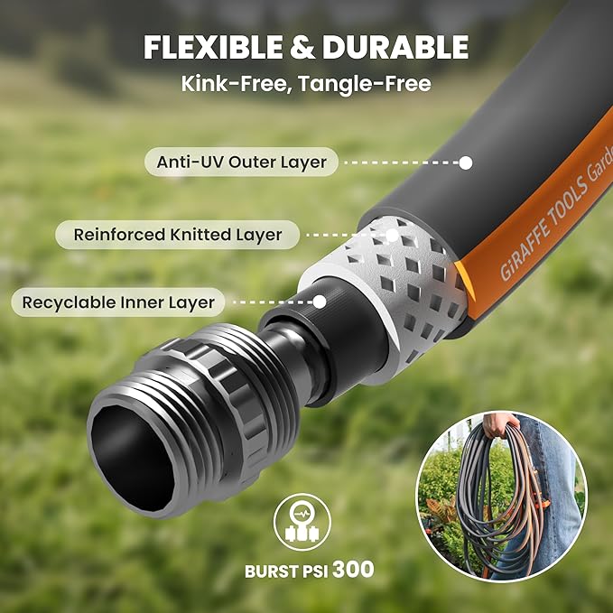 Giraffe Tools 5FT Garden Hose, 5/8" Lightweight Lay Flat Water Hose, No-Kink, Flexible Gardening Hose with Male to Female Aluminum Fitting, Customizable-Length Hose Pipe for Yard