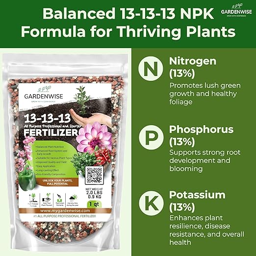 Gardenwise 13-13-13 Slow Release Granular Fertilizer – All Purpose Plant Food 13 13 13 for Outdoor Grass, Vegetables, Roses, Flowers, Shrubs, Trees. Lawns, Gardens, Potted Plants (20 quarts)