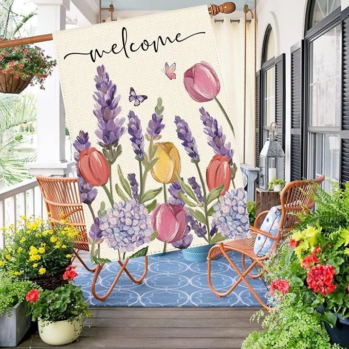 Spring Summer Tulips Hydrangeas Welcome House Flag 28 x 40 Inch Double Sided, Lavender Floral Burlap Large Yard Garden Flags Holiday Farmhouse Flags for Patio Outdoor Outside Decoration