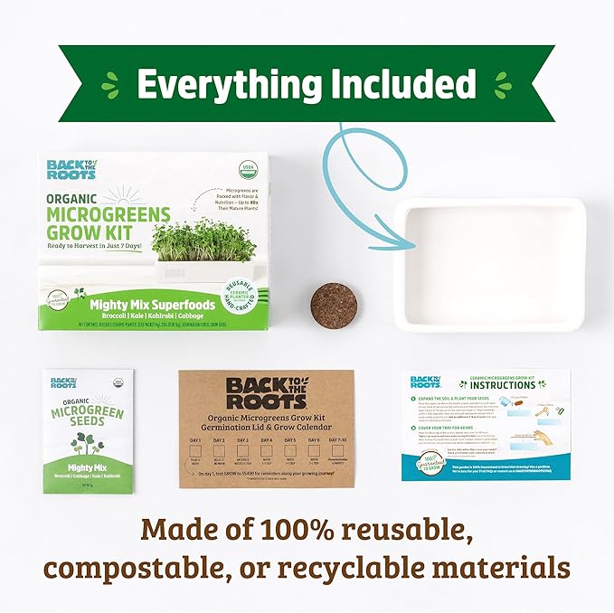 Back to the Roots Organic Microgreens Grow Kit with Ceramic Planter, Expandable Soil, Organic Seeds, and Germination Lid