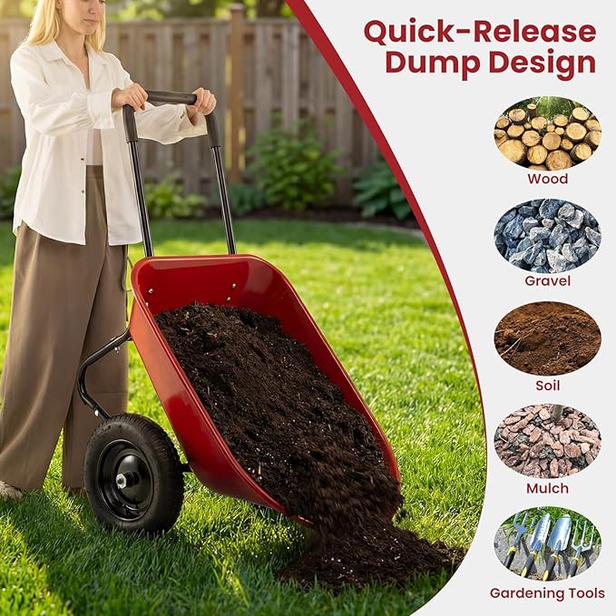 Enlarged Dual-Wheel Wheelbarrow, Easy Loading and Dumping Garden Cart, Heavy Duty Utility Dump Cart for Lawn, Yard, Farm, Gardening & Planting (Red)