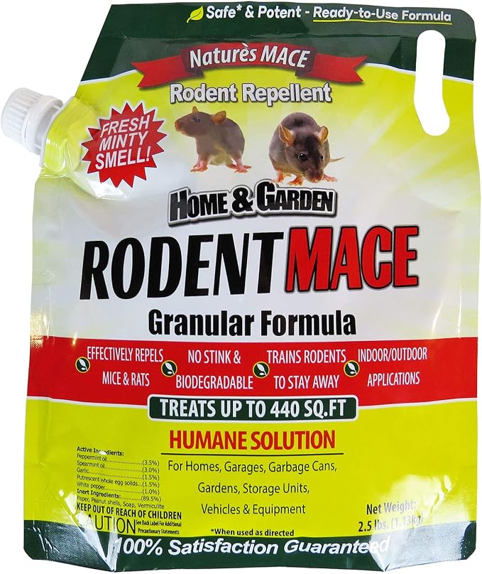Nature's MACE Rodent Mace Repellent 2.5 lb Granules | Covers 440 Sq. Ft., Repel Mice & Rats, Keep Out of Home, Garage, Attic, and Crawl Space, Stop Damage, Safe Around Kids.