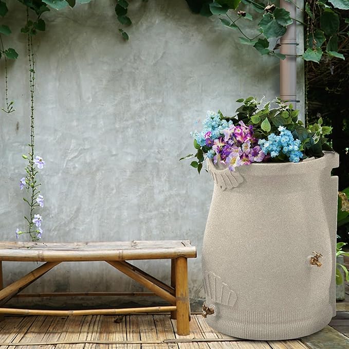 Good Ideas Rain Wizard 50 Gallon Rain Saver Barrel Water Storage Urn with Planter Space and 2 Brass Spigots, Sandstone (3 Pack)
