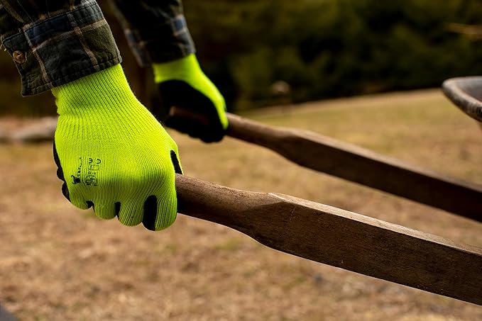 G & F 1516 12 Pairs Pack Premium High Visibility Low emissions Green Work and gardening Gloves for Men and Women. MicroFoam Textured Coated Palm and Fingers Gloves for Gardening Work, X-Large, Green