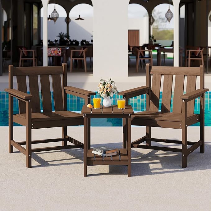 SEWRWALL Patio Furniture Set, HDPE Material All Weather Use Adirondack Chair Set with Side Table for Balcony, Porch, Garden, Backyard- Brown