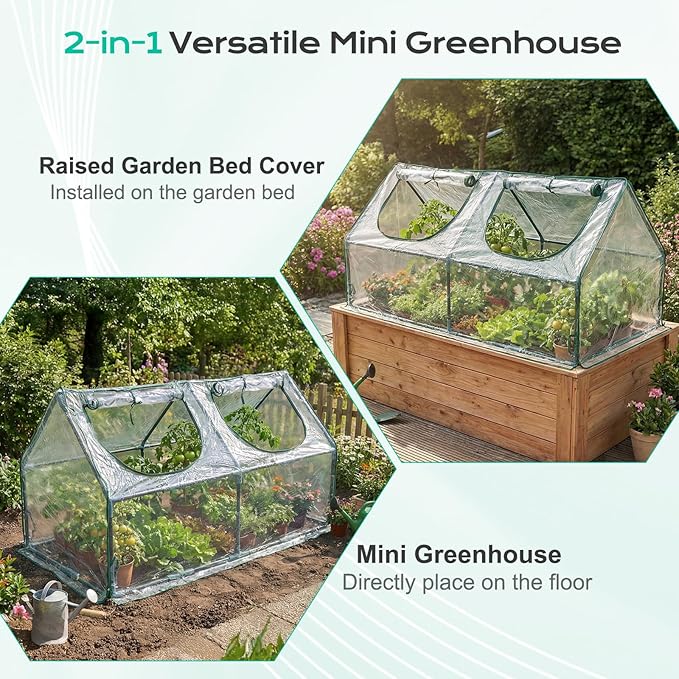 BPS 4x2x2 ft Mini Greenhouse with Transparent PVC Cover UV-Protected Roll-Up Zipper Windows, Ideal for Indoor or Outdoor Use on Raised Garden Beds