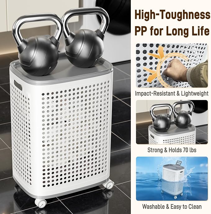 Rolling Plastic Laundry Basket with Lid, Ventilated, White (2-Pack, Medium)