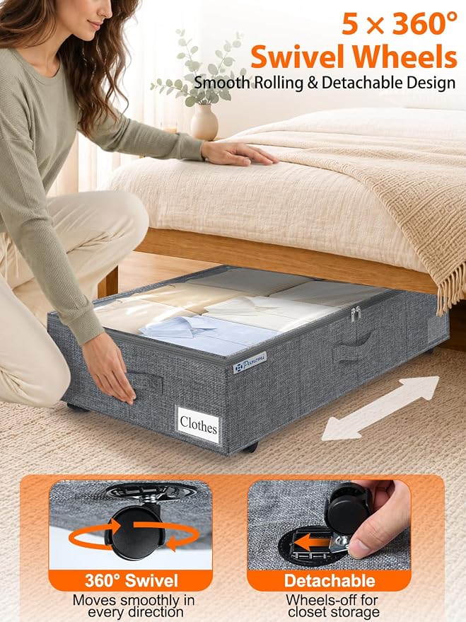 punemi 10 inch Tall 75L Under Bed Storage Bins with Wheels, 2-Pack, Gray