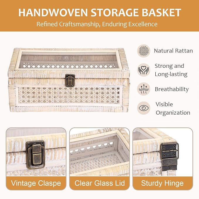 Hipiwe Rattan Display Box with Clear Lid Decorative Storage Basket, Medium | Shelf Organizer Basket Bins with Glass Top Lid for Home Decor, Ideal for Dresser, Kitchen and Bathroom, 12.6" x 6.7" x 4.4"