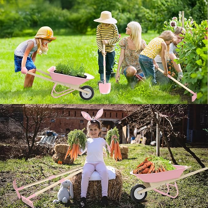 Qtioucp Kids Wheelbarrow Set with Gardening Tools Outdoor Backyard Garden Play for Toddlers Boys Girls 3-8, with Shovel, Rake, Leaf Rake, Easter Birthday Gifts (Pink Garden Set)