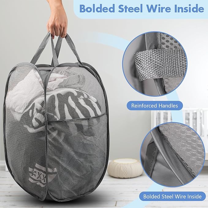 2 Pack Pop Up Laundry Hampers, 70 L Collapsible Foldable Mesh Basket, Gray | Reinforced handles, breathable fabric, foldable, portable for dorm college travel camping cruise, dirty clothes, toys storage