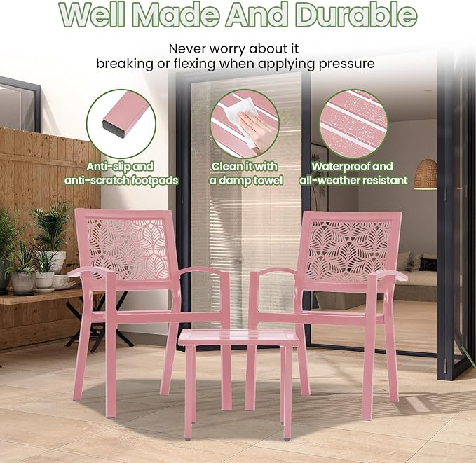 BUPPLEE 3 Piece Patio Bistro Set, Outdoor Steel Furniture Set, Stackable Modern Conversation Sets for Balcony Garden Deck Patio w/2 Chairs 1 Table, Pink