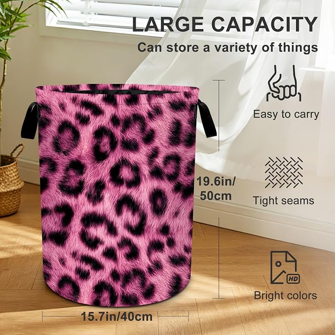 Pink Leopard Laundry Basket Collapsible Oxford Laundry Hamper Clothes Storage Bin with Handles for Bedroom Bathroom Laundry Room 19.6 x 15.7 Inches