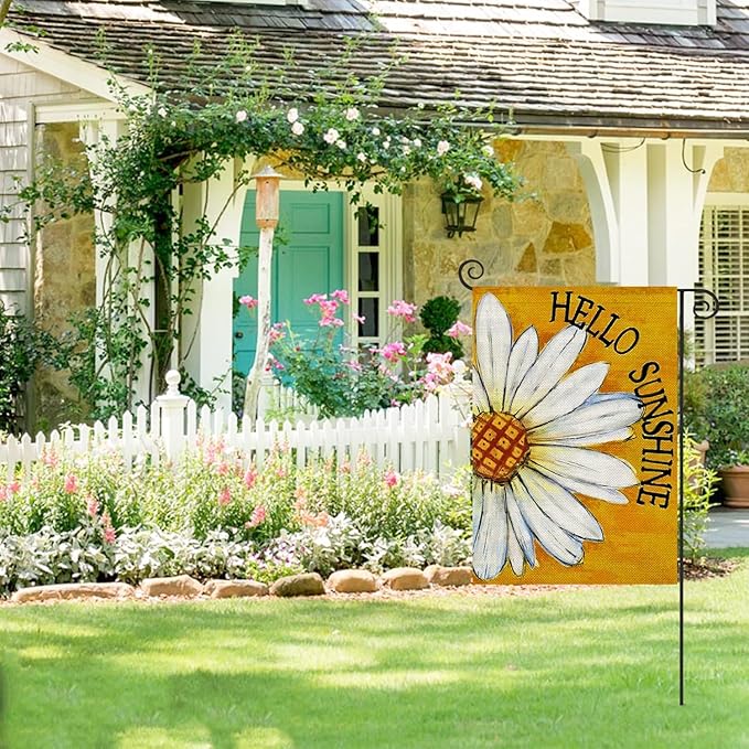 Spring Summer Garden Flags 12x18 Double Sided Outside, Hello Sunshine Daisy Floral Seasonal Decorations Vertical Burlap Yard Flag