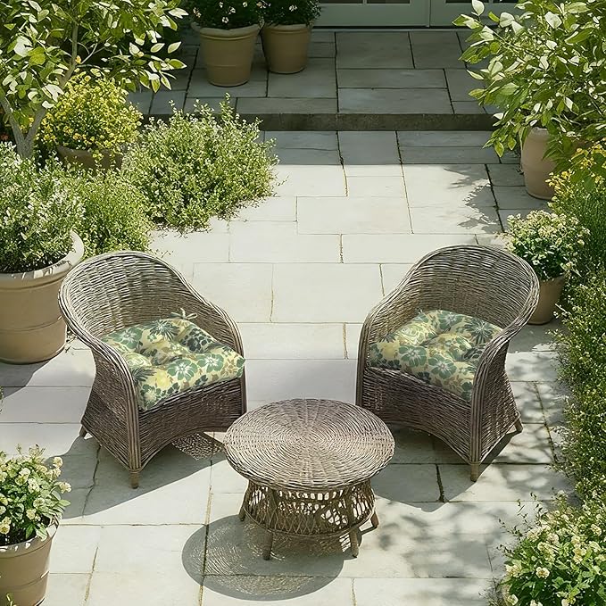 DYTXIII Set of 2 Outdoor Chair Cushions 19"x19"x4", Water Repellent Tufted Patio Seat Cushions with Ties, Thick Replacement Pads for Wicker Dining Chairs, Patio Furniture, Green Rose