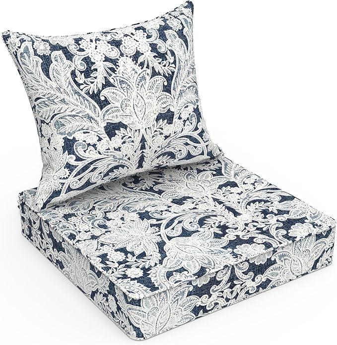 LVTXIII Outdoor Seat and Back Cushion Patio Deep Seat Cushion Set Seasonal Chair Cushion for Wicker Chairs and Garden Furniture Decoration, 22"x22"x4", Damask Lapis