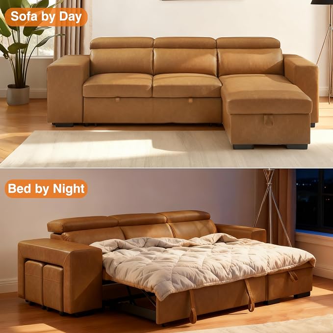 102'' Brown Leather L Shaped Sectional Sleeper Sofa with Pull Out Bed