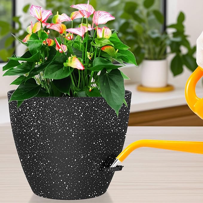 Self Watering Pots, 12 Inch Large Flower Pots with Multi-Mesh Drainage Holes and Saucer, Planters for Indoor and Outdoor Garden Plants (Speckled Black)