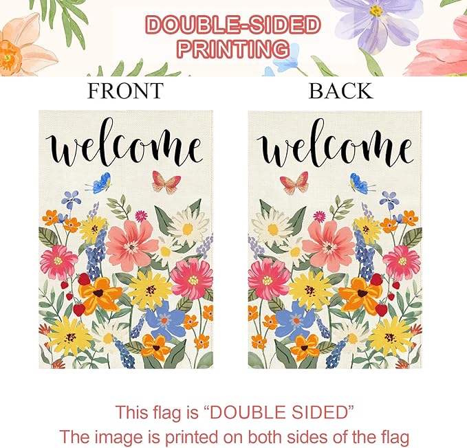 Baccessor Spring Summer Welcome Garden Flag Double Sided 12.5 x 18 Inch Burlap with Clip and Stopper,Floral Butterflies Flag Seasonal Farmhouse Front Yard Lawn Outside Outdoor Decoration