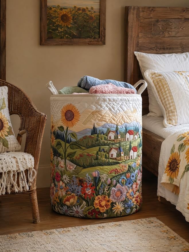 Quilted Laundry Basket with Handles, Boho Floral Quilted Storage Hamper, Large Capacity Laundry Hamper for Nursery Bedroom Laundry Room Home Decor (Pattern 09, Small (18"H x 14"W x 14"L))