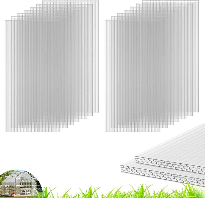 Quibbay 14PCS 4' X 2' X 0.32'' Polycarbonate Greenhouse Panels, Waterproof UV Protected Clear Polycarbonate Sheets Three-Layer Honeycomb Roof Panels, Corrugated Plastic Roofing Panels for Greenhouse