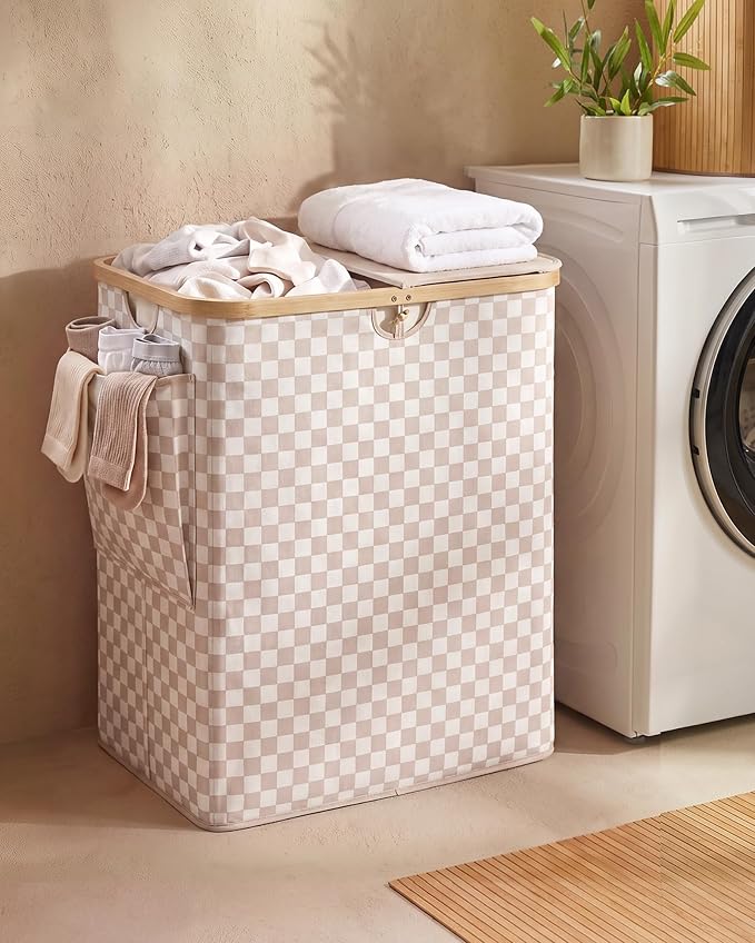 MIZATTO 2 Section Laundry Hamper with Lid, 140L Dirty Clothes Hamper | Double Laundry Basket with Bamboo Handles for Laundry Room, Bathroom, Bedroom, Clothes Hamper Dual Laundry Bin