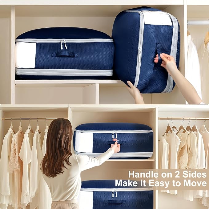 Comforter Storage Bag - Large Capacity Blanket Storage Bags 3-Layer Ultra Space Saving Self Compression Organizer, Washable Compression Bags for Storage Comforter Blanket, 6-Pack, Navy Blue