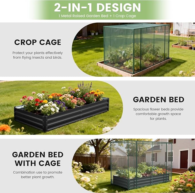 DoCred Crop Cage with Raised Garden Bed, 84.6" x 45.3" x 59" Plant Protection Tent Garden Cages with Window, 2 in 1 Galvanized Raised Garden Bed Kit and Mesh Cover for Garden, Yard, Lawn