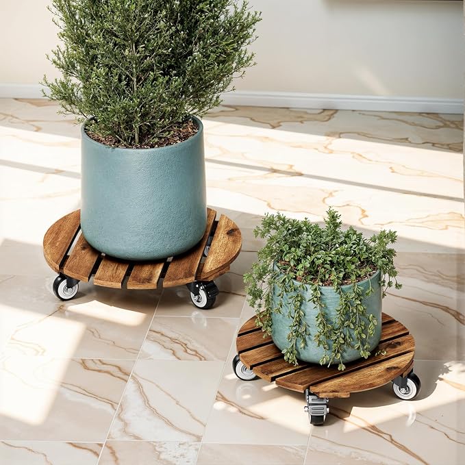 Combo 12 Inch and 14 Inch Acacia Wood Rolling Round Planter Caddies for Plant Pots, Heavy Duty Plant Stand with 360° Lockable Wheels, 264 lbs Capacity Caddy for Indoor and Outdoor Use, Golden Teak