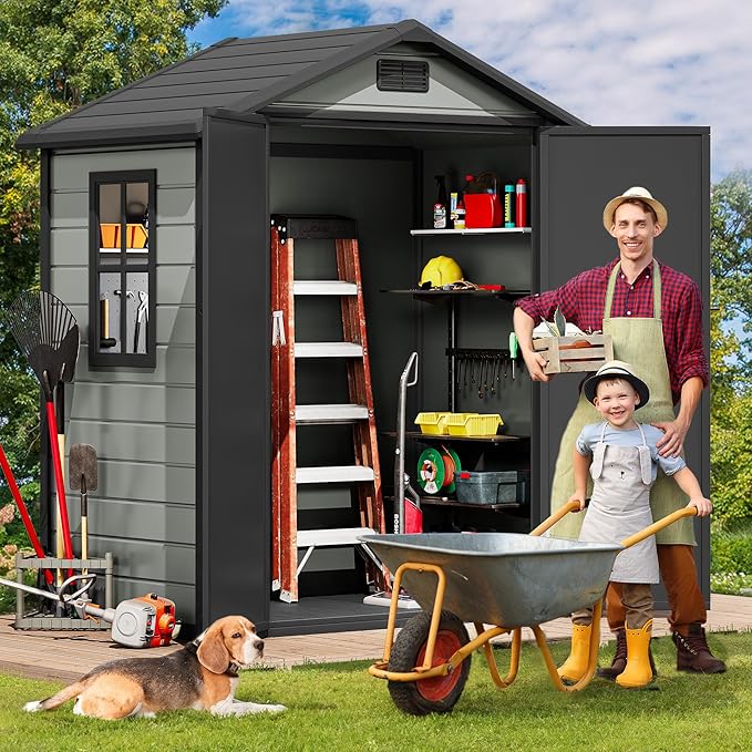 DWVO 6x4 FT Outdoor Storage Shed with Reinforced Floor, Resin Storage Shed with Lockable Door, Window and Vents, Waterproof Plastic Tool Storage for Garden Backyard Patio