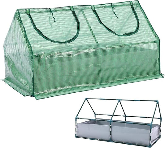 Aoodor 4x2x2 FT Raised Garden Bed with Mini Greenhouse Cover, PE Planter Box Kit with Windows for Herbs, Flowers and Vegetables, Green