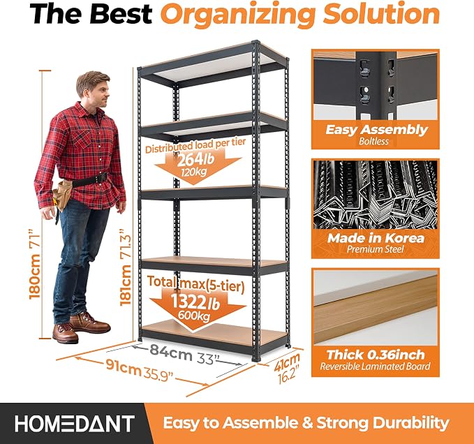 HOMEDANT Black 35.9" W 5 Tier Storage Shelves Garage Shelving Unit Metal