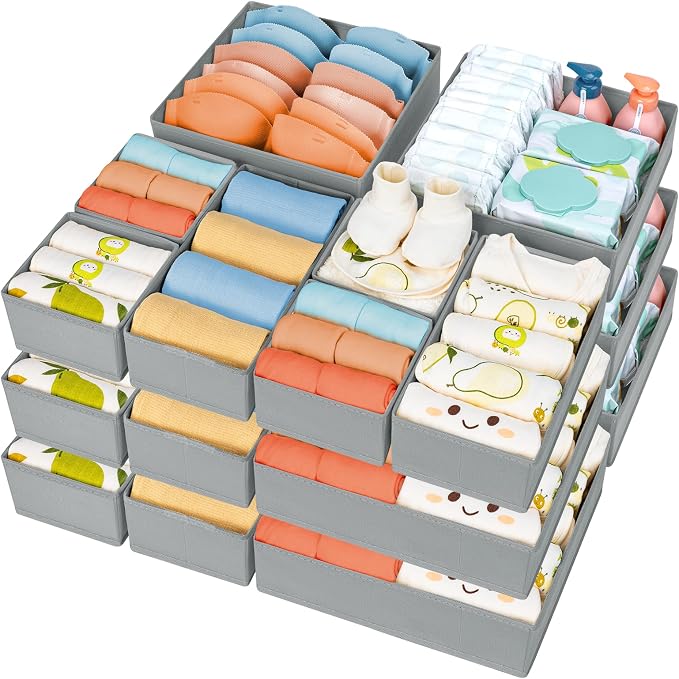 DIMJ Drawer Organizer 15 Pack - Foldable Baby Clothes Storage & Dresser Organizer for Nursery, Bedroom, Closet - Nursery Organization Dresser Dividers for underwear, Sock,Bra, Belt, Tie, Gray