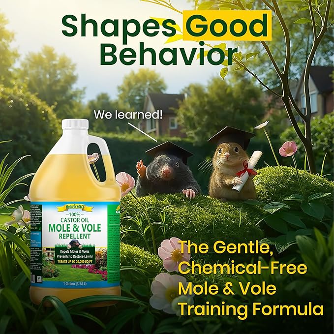 Nature's MACE Mole and Vole Mace, Mole Deterrent for Yard, 1 Gallon, 100% Pure Castor Oil, Lawns, Mole Repellent, Stop Tunneling, Mole Remover Treatment, Castor Oil Repellent, People, Pet, Plant Safe