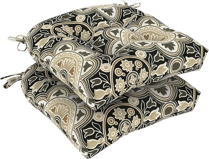 DYTXIII Set of 2 Outdoor Chair Cushions 19"x19"x4", Water Repellent Tufted Patio Seat Cushions with Ties, Thick Replacement Pads for Wicker Dining Chairs, Patio Furniture, Vintage Medallion