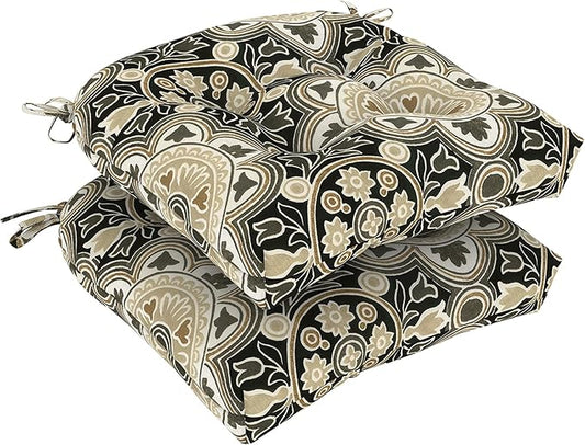 DYTXIII Set of 2 Outdoor Chair Cushions 19"x19"x4", Water Repellent Tufted Patio Seat Cushions with Ties, Thick Replacement Pads for Wicker Dining Chairs, Patio Furniture, Vintage Medallion