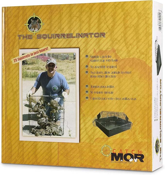 Rugged Ranch Squirrelinator w/ Waste Basin Outdoor Multi-Catch Squirrel Trap - Humane Live Cage Catcher, Rodent Control for Barns, Garages, Sheds, Gardens, Farms, Yards or Lawns