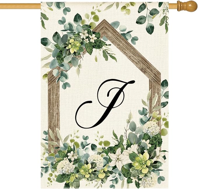 AVOIN colorlife Initial Letter J Monogram House Flag 28x40 Inch Double Sided Outside, Spring Floral Family Last Name Yard Decoration