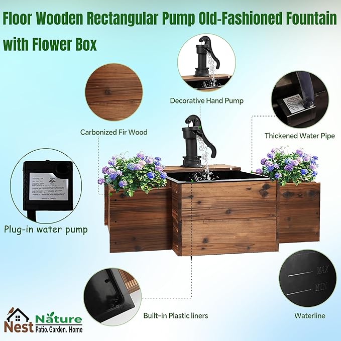 NestNature Outdoor Water Fountain,Floor Wooden Rectangular Pump Old-Fashioned Fountain with Flower Box,Electric Decorative Hand Pump, Outdoor Water Feature for Garden Patio Backyard