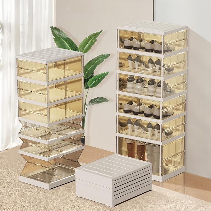 SYNCVIBE Shoe Rack Organizer for Closet Entryway Foldable Sneaker Storage Shoe, Collapsible Shoe Cabinet, Stackable Shoe Storage Cabinet with Lids for Living Room (6 Tiers -12 Pairs Transparent)