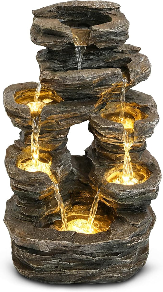 7-Tier Cascading Outdoor Fountain with LED Lights, 23" H Fountains and Waterfalls Stone-Look for Garden, Patio, Yard Decor