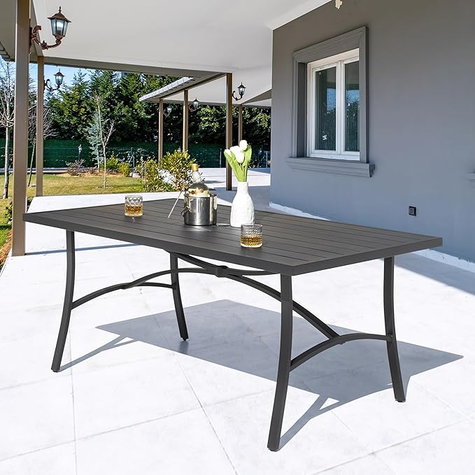 NUU GARDEN 63" Aluminum Slat Top Outdoor Patio Dining Table, 6-8 Person Rectangle Aluminum Bistro Table with 1.97" Umbrella Hole, Powder Coated Frame Dining Tables for Backyard Garden, Black