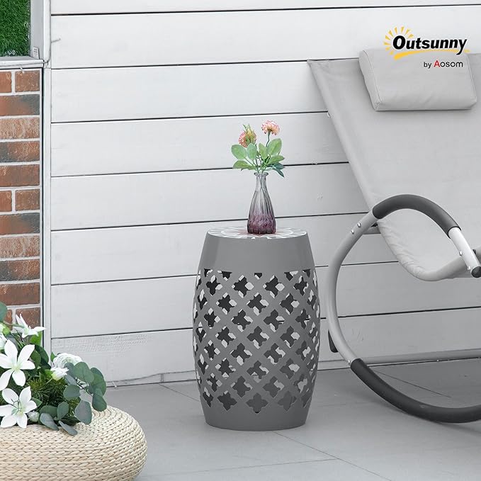 Outsunny 12" Patio Round Side Table, Outdoor Footstool, Garden Mosaic Accent Side Table, Plant Stand, Gray