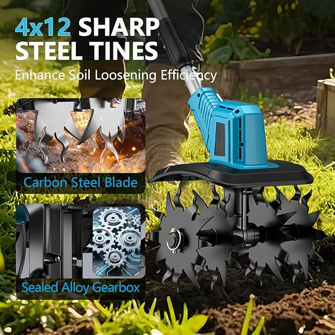 21V Cordless Tiller Cultivator, 300RPM Electric Garden Tiller, 2×4.0AH Batteries & Fast Charger Lightweight Rototiller 12" Width, 8" Depth for Lawn/Soil/Plowing/Weeding/Farm