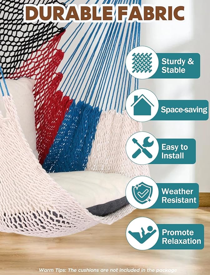 Chihee Handwoven Cotton Hammock Chair Large Hanging Rope Chair 7.9ft with Detachable Strong Metal Spreader Bar, Breathable Net Swing Seat Color Blocking, Portable with Carry Bag, Indoor Outdoor Use