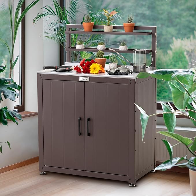 Feasto Garden Potting Bench with Storage Cabinet,Outdoor Gardening Table & Work Bench for Plants, Horticulture,Outdoor Workstation with Stainless Steel Tabletop,Outdoor Work Table with Elevated Rack