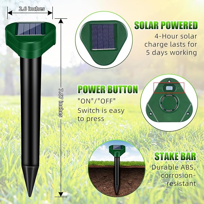 8Pack Rat Mole Repellent for Lawns, Solar Ultrasonic Groundhog Chipmunk Repeller Outdoor, Gopher Snake Repellent for Yard, Sonic Rodent and Vole Deterrent Spikes for Squirrel Armadillo Garden