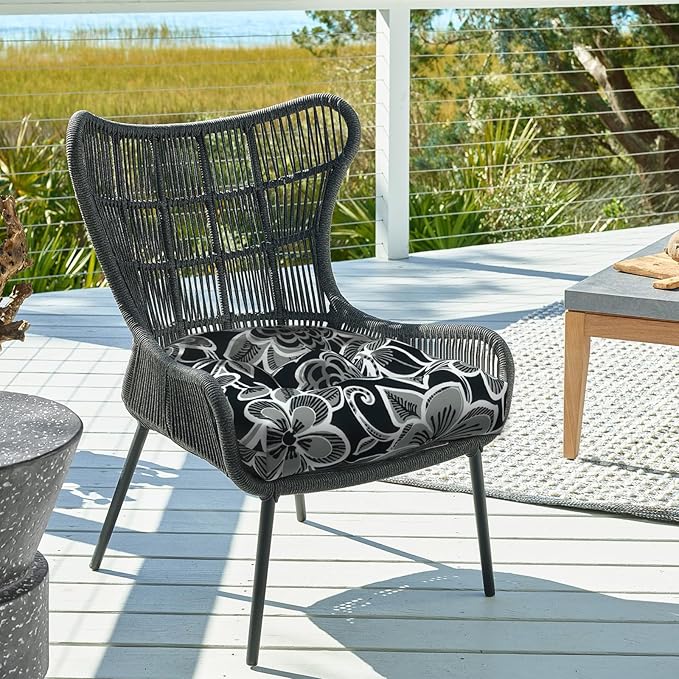 DYTXIII Set of 2 Outdoor Chair Cushions 19"x19"x4", Water Repellent Tufted Patio Seat Cushions with Ties, Thick Replacement Pads for Wicker Dining Chairs, Patio Furniture, Flower Black